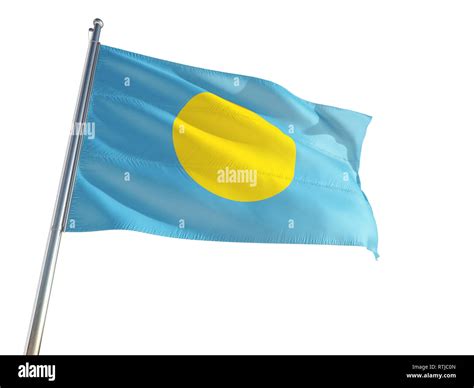 Palau National Flag Waving In The Wind Isolated White Background High