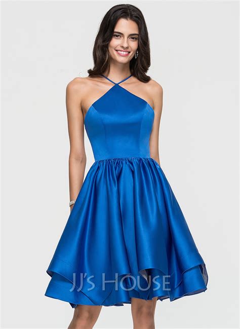 A Line Scoop Neck Knee Length Satin Homecoming Dress With Cascading