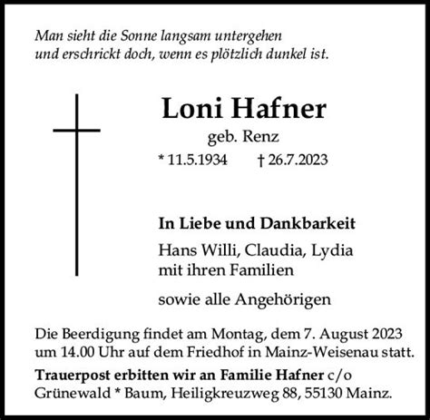 Traueranzeigen Von Loni Hafner Vrm Trauer De