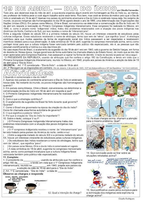 ATIVIDADES DIVERSAS CLÁUDIA Atividades sobre 19 de abril Dia da
