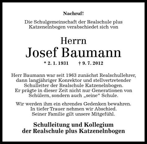 Traueranzeigen Von Josef Baumann Rz Trauer De