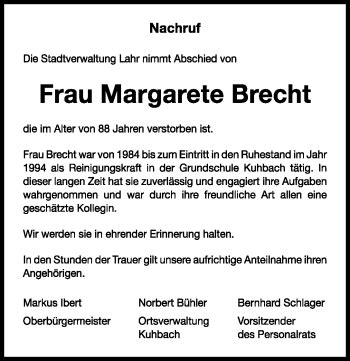 Traueranzeigen Von Margarete Brecht Schwarzw Lder Bote Trauer