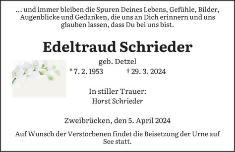 Traueranzeigen Von Edeltraud Schrieder Saarbruecker Zeitung Trauer De