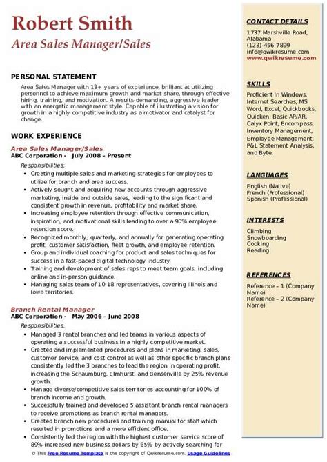 Area Sales Manager Resume Samples QwikResume