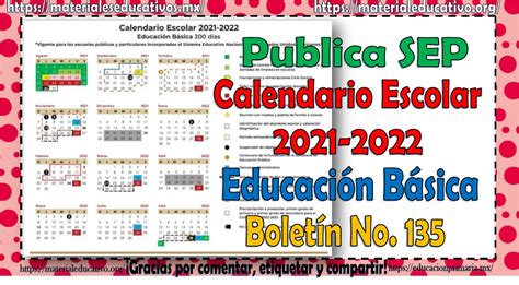 Publica Sep Calendario Escolar 2021 2022 Para Educación Básica Boletín No 135 Material Educativo