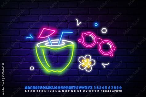 Tropical Cocktail Sign Flowers And Neon Glasses Summer And Vacation Design Night Bright Neon