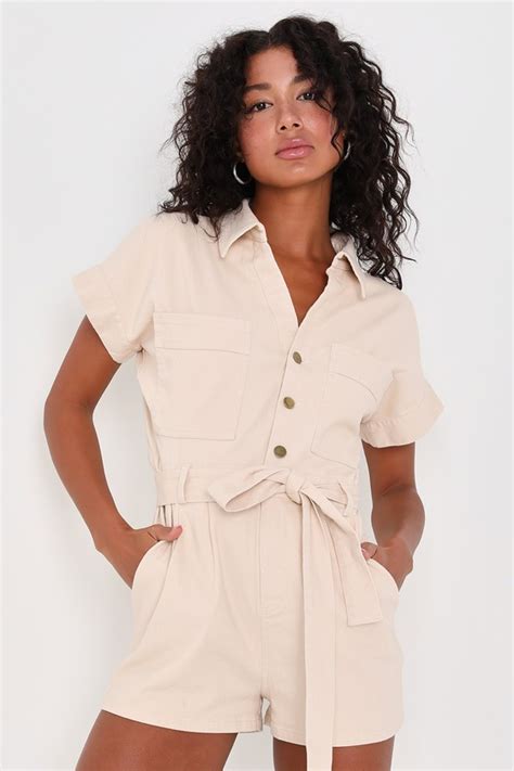 Beige Collared Romper Belted Short Sleeve Romper Twill Romper Lulus