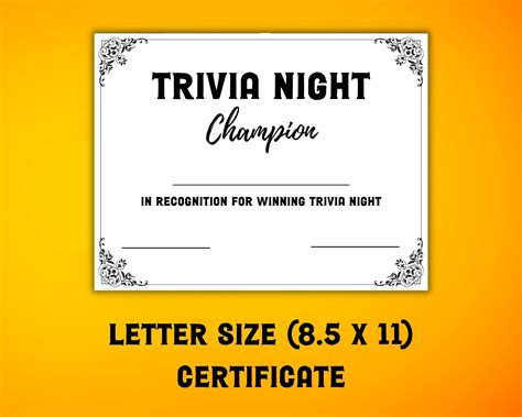 Trivia Night Printable Award Certificate for Winning Teams or Players