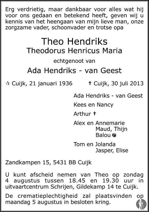 Theodorus Henricus Maria Theo Hendriks 30 07 2013 Overlijdensbericht