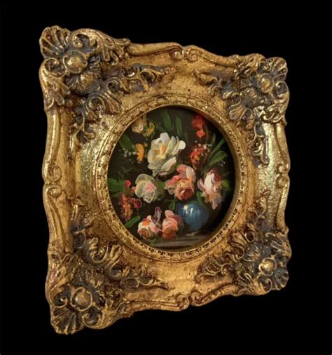 Original Miniature Oil Painting Antique Style Flowers With Ornate Gold