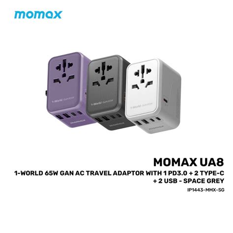 MOMAX 1 WORLD UA8 65W GAN AC TRAVEL ADAPTOR WITH 1 PD3 0 2 TYPE C 2