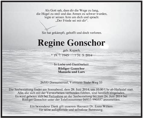 Traueranzeigen Von Regine Gonschor Nordwest Trauer De