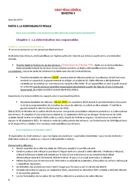 Droit PÉNAL GÉNÉRAL DROIT PÉNAL GÉNÉRAL SEMESTRE 4 Cours du 23