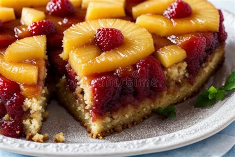 Close Up Of Pineapple Upside Down Cake Being Cut Capturing The Layered