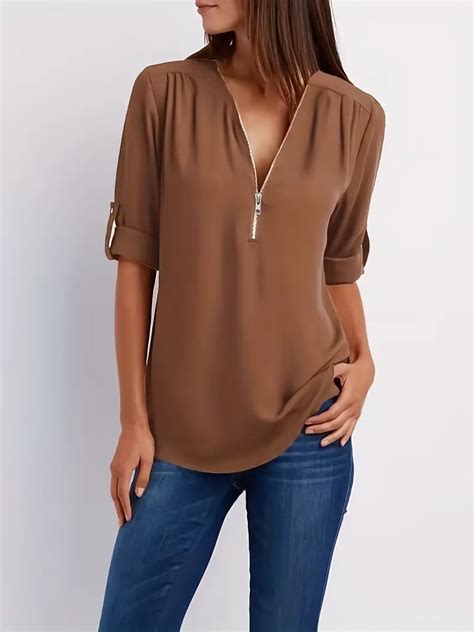 Solid V Neck Blouse Casual Ruched Rollable Sleeve Half Zip Temu