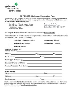 Fillable Online Girlscoutsccc Adult Award Nomination Fillable Form