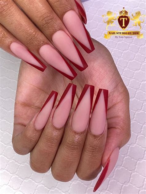 Cute V French Tip Coffin Nails Consist Of Matte V French Tip Red Nails