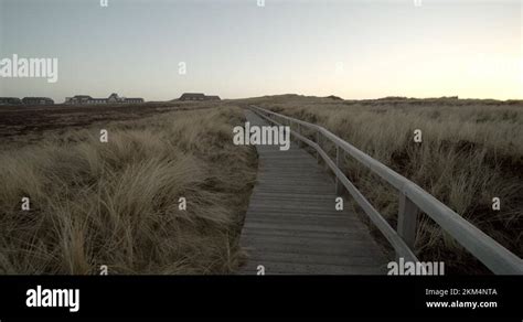Gimbal Tracking Shot Throug The Dunes Over A Wooden Pathway In Kampen
