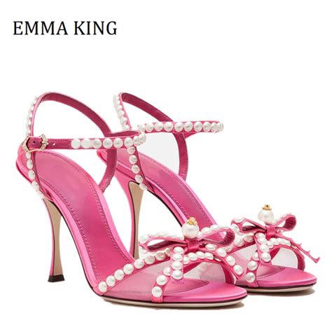 Pink Bowknot Pearl High Heels Sandals Women Peep Toe Crystal Strap