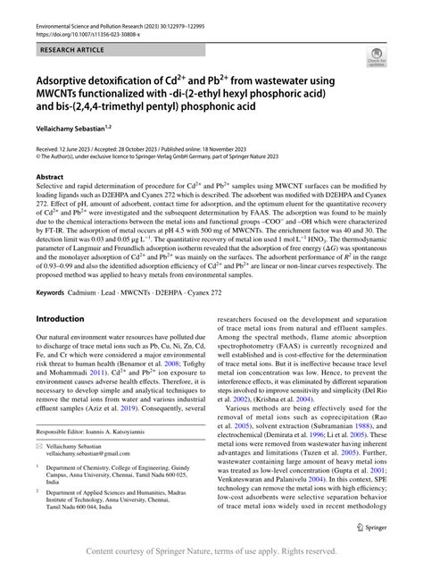 Adsorptive Detoxification Of Cd And Pb From Wastewater Using Mwcnts