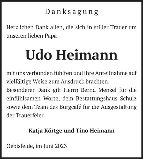 Traueranzeigen Von Udo Heimann Abschied Nehmen De