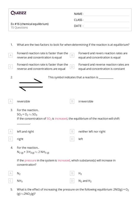 Chemical Equilibrium Worksheets For Th Class On Quizizz Free