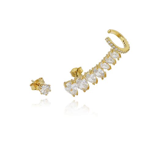 Brinco Ear Cuff Gotas de Zircônias Folheado a Ouro 18K Lunozê Joias