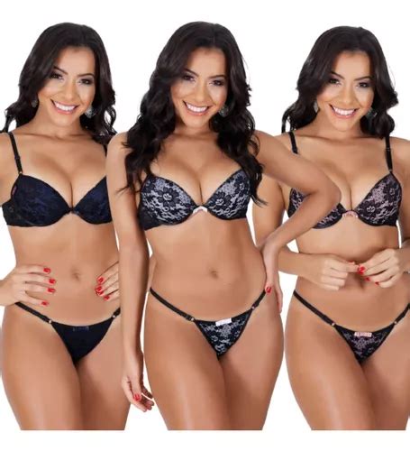 Kit3 Conjunto Lingerie Rendado Luxo Sutiã Calcinha Sexy Bojo