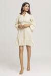 Buy Cream Cotton Embroidery Sequins Pleated Collar Dress For Women By