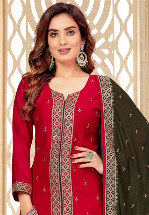 Buy Embroidered Art Silk Pakistani Suit In Red Online KGZT5217