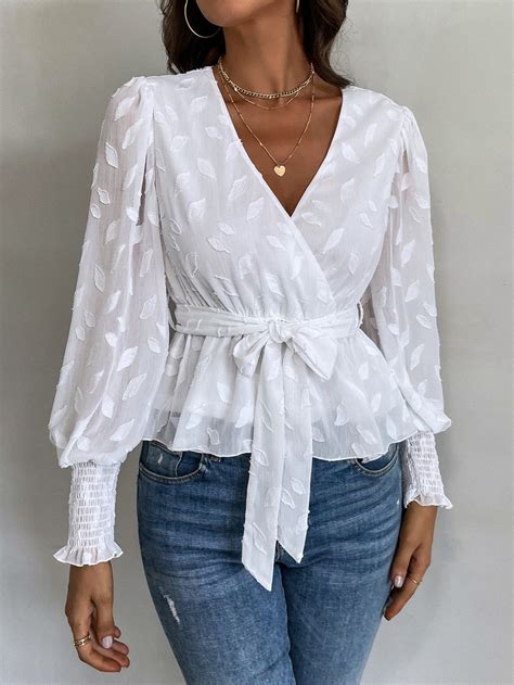 Jacquard Lantern Sleeve Shirred Cuff Belted Blouse Blouses For Women