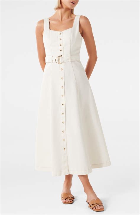 Ever New Maja Belted Denim Midi Dress In White Lyst