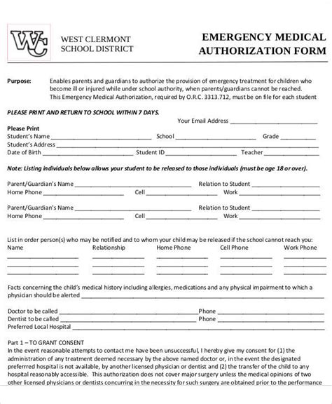 Printable Emergency Medical Authorization Form Printable Forms Free Online