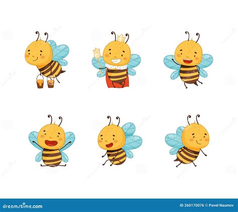 Cute Happy Funny Honey Bees Set Beekeeping And Apiculture Cartoon