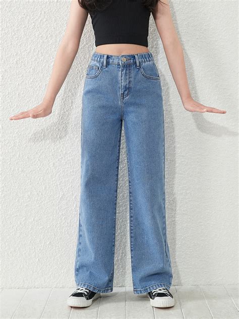 Chicas Adolescentes Jeans De Pierna Recta Con Bolsillo Oblicuo Moda