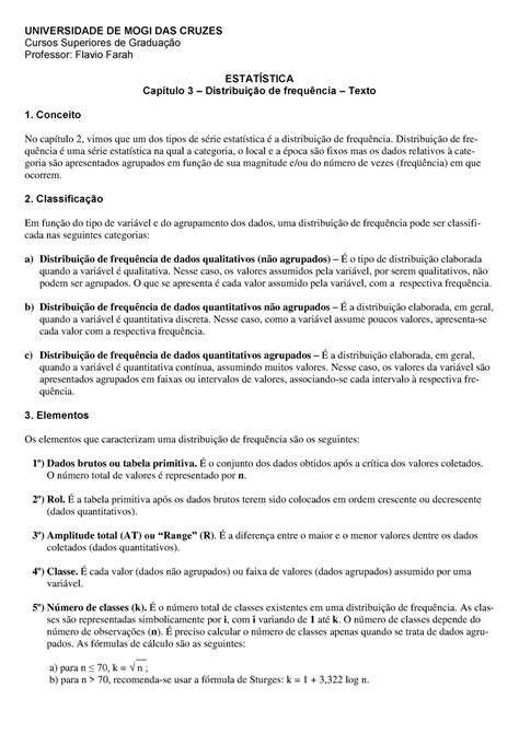 Cap 3 Distrib de frequência Texto UNIVERSIDADE DE MOGI DAS CRUZES