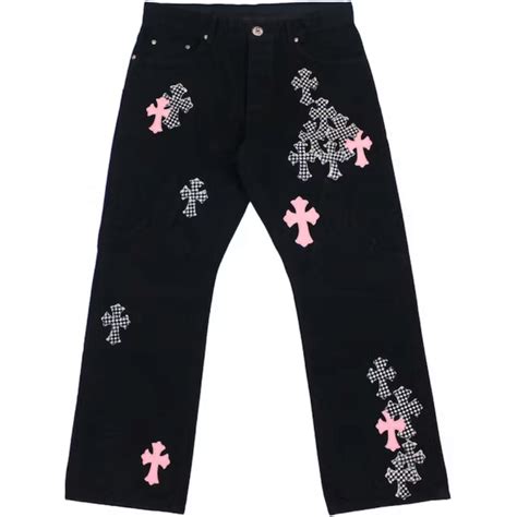 Calça Chrome Hearts Jeans Cross Patch Fleurknee Pink And Checkered Black