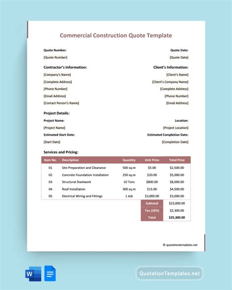 Construction Work Quotation Templates Google Docs Google Sheets