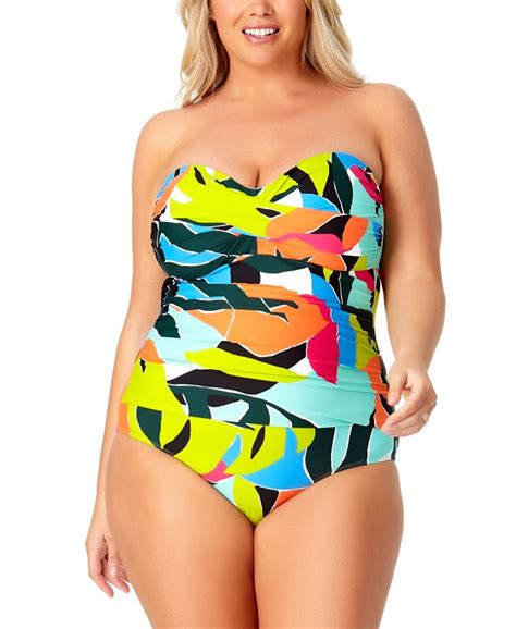 Anne Cole Plus Size Polynesian Printed Twist Front Strapless One Piece