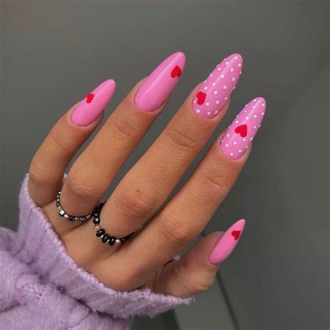 42 Insanely Cute Valentines Day Nails Pink Almond Nails With Red Heart