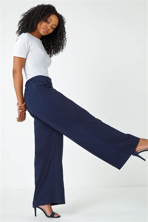 Navy Petite Wide Leg Stretch Trousers Roman Uk