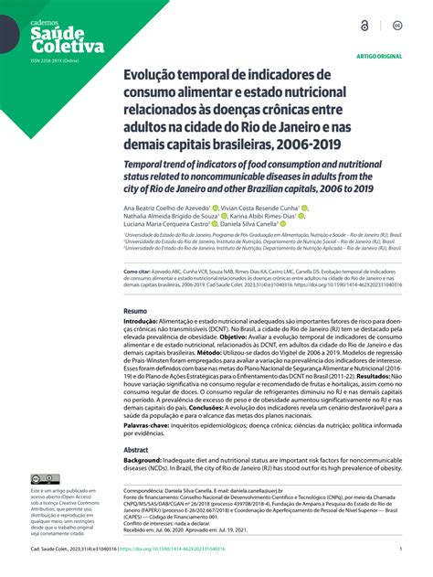 Pdf Evolução Temporal De Indicadores De Consumo Alimentar E Estado