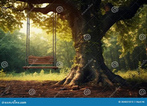 Generative Ai Image Of Wooden Swing Hanging On A Tree In The Forest In