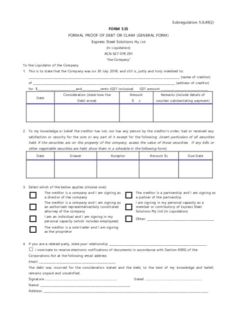 Fillable Online Formal Proof Of Debt Or Claim General Form Express