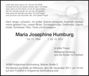 Traueranzeigen Von Maria Josephine Humburg Trauer Hna De