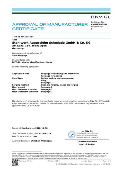 Certificates And Attestations Stahlwerk Augustfehn Schmiede GmbH Co KG