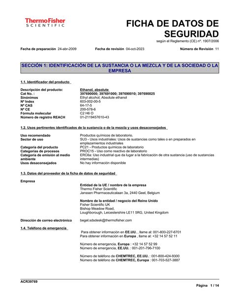 Ficha De Datos De Seguridad Msds Ethanol Alcohol Et Lico Pdf