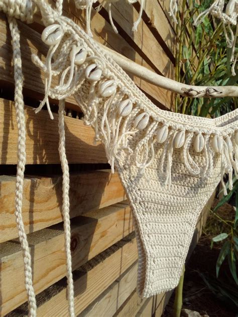 Crochet Bikini Set In Light Cream Natural With Seashells Can Etsy
