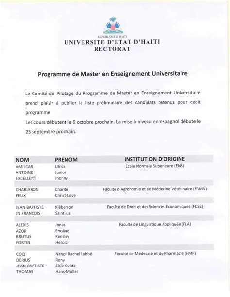 UEH PUBLICATION DE LA LISTE PRÉLIMINAIRE DES CANDIDATS RETENUS POUR LE