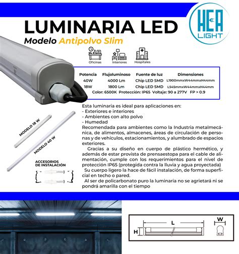 Luminaria Antipolvo Led Slim W V Lm K Cm Ip Hea